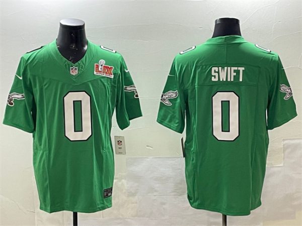 Men's Philadelphia Eagles #0 D'Andre Swift Green 2025 Super Bowl LIX Patch F.U.S.E. Throwback Vapor Untouchable Limited Stitched Football Jersey - Custom Name