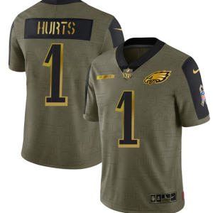 Men's Philadelphia Eagles #1 Jalen Hurts 2021 Olive Salute To Service Golden Limited Stitched Jersey - Custom Name