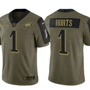 Men's Philadelphia Eagles #1 Jalen Hurts 2021 Olive Salute To Service Limited Stitched Jersey - Custom Name