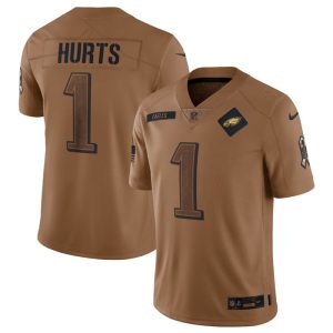Men's Philadelphia Eagles #1 Jalen Hurts 2023 Brown Salute To Service Limited Football Jersey - Custom Name