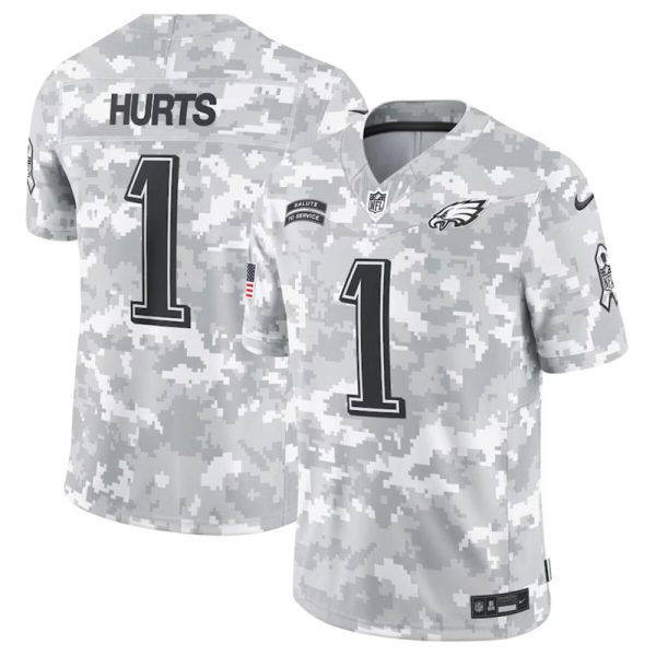 Men's Philadelphia Eagles #1 Jalen Hurts 2024 F.U.S.E Arctic Camo Salute to Service Limited Stitched Football Jersey - Custom Name