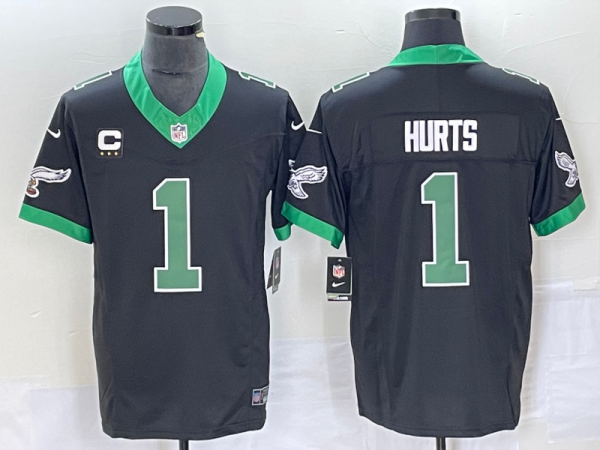 Men's Philadelphia Eagles #1 Jalen Hurts Black 2023 F.U.S.E. Vapor Untouchable With C Patch Stitched Football Jersey - Custom Name
