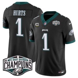 Men's Philadelphia Eagles #1 Jalen Hurts Black 2024 NFC East Champions With 4-Star C Patch F.U.S.E. Vapor Untouchable Limited Stitched Football Jersey - Custom Name