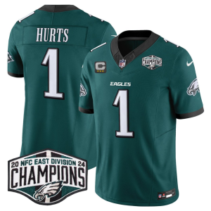 Men's Philadelphia Eagles #1 Jalen Hurts Black 2024 New NFC East Champions With 3-Star C Patch F.U.S.E. Vapor Untouchable Limited Stitched Football Jersey - Custom Name