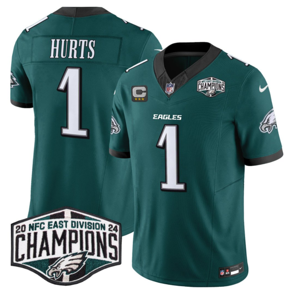 Men's Philadelphia Eagles #1 Jalen Hurts Black 2024 New NFC East Champions With 3-Star C Patch F.U.S.E. Vapor Untouchable Limited Stitched Football Jersey - Custom Name