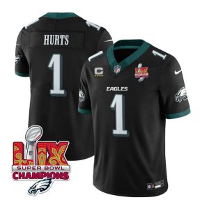 Men's Philadelphia Eagles #1 Jalen Hurts Black 2025 Eagles Logo Super Bowl LIX Patch And 4-Star C Patch New F.U.S.E. Vapor Untouchable Limited Stitched Football Jersey - Custom Name