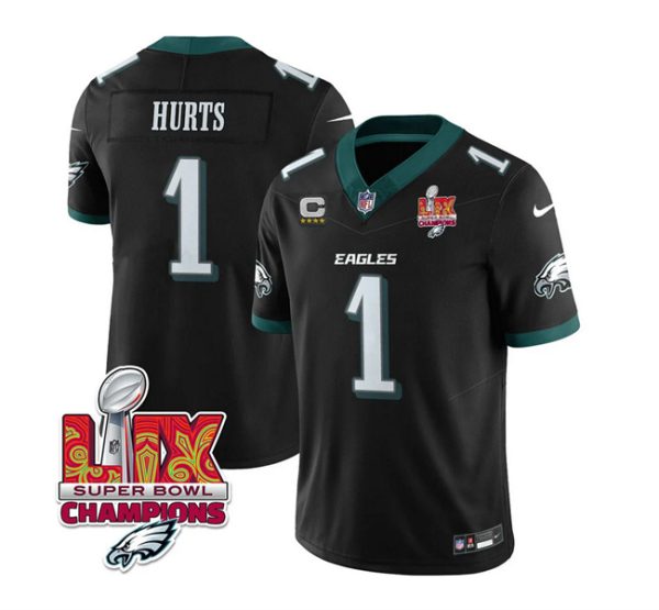 Men's Philadelphia Eagles #1 Jalen Hurts Black 2025 Eagles Logo Super Bowl LIX Patch And 4-Star C Patch New F.U.S.E. Vapor Untouchable Limited Stitched Football Jersey - Custom Name