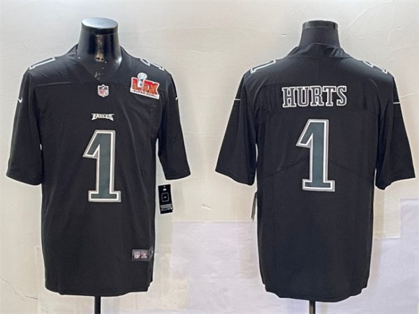 Men's Philadelphia Eagles #1 Jalen Hurts Black 2025 Super Bowl LIX Patch Fashion Vapor Untouchable Limited Stitched Football Jersey - Custom Name