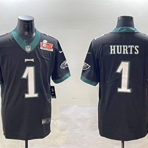 Men's Philadelphia Eagles #1 Jalen Hurts Black 2025 Super Bowl LIX Patch Vapor Untouchable Limited Stitched Football Jersey - Custom Name