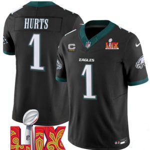 Men's Philadelphia Eagles #1 Jalen Hurts Black F.U.S.E. 24 25 Super Bowl LIX With 3-Star C Patch Vapor Untouchable Limited Stitched Football Jersey - Custom Name