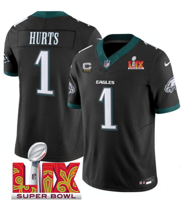 Men's Philadelphia Eagles #1 Jalen Hurts Black F.U.S.E. 24 25 Super Bowl LIX With 3-Star C Patch Vapor Untouchable Limited Stitched Football Jersey - Custom Name