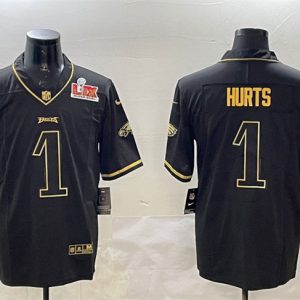 Men's Philadelphia Eagles #1 Jalen Hurts Black Gold 2025 Super Bowl LIX Patch Salute To Service Vapor Untouchable Limited Stitched Football Jersey - Custom Name
