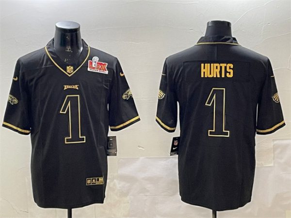 Men's Philadelphia Eagles #1 Jalen Hurts Black Gold 2025 Super Bowl LIX Patch Salute To Service Vapor Untouchable Limited Stitched Football Jersey - Custom Name