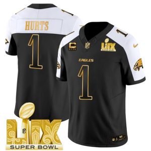 Men's Philadelphia Eagles #1 Jalen Hurts Black Gold 2025 Super Bowl LIX With 4-Star C Patch New F.U.S.E. Vapor Untouchable Limited Stitched Football Jersey - Custom Name