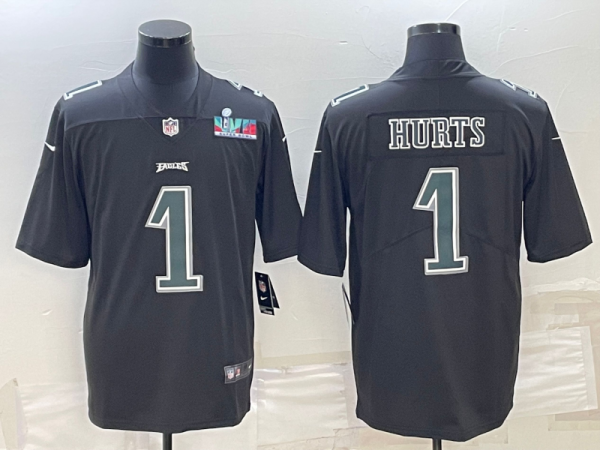 Men's Philadelphia Eagles #1 Jalen Hurts Black Green Super Bowl LVII Patch Vapor Untouchable Limited Stitched Jersey - Custom Name