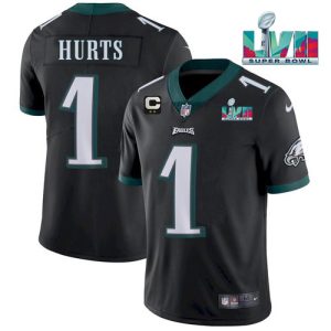 Men's Philadelphia Eagles #1 Jalen Hurts Black Super Bowl LVII Patch And 2-Star C Patch Vapor Untouchable Limited Stitched Jersey - Custom Name