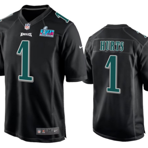 Men's Philadelphia Eagles #1 Jalen Hurts Black Super Bowl LVII Patch Stitched Game Jersey - Custom Name