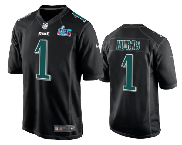 Men's Philadelphia Eagles #1 Jalen Hurts Black Super Bowl LVII Patch Stitched Game Jersey - Custom Name