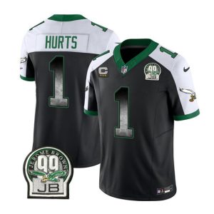 Men's Philadelphia Eagles #1 Jalen Hurts Black White 2023 F.U.S.E. With 3-star C Patch Throwback Vapor Untouchable Limited Stitched Football Jersey - Custom Name