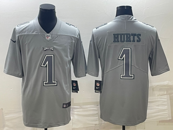 Men's Philadelphia Eagles #1 Jalen Hurts Gray Atmosphere Fashion Stitched Jersey - Custom Name