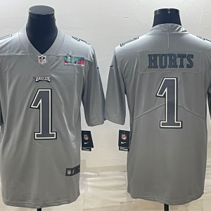 Men's Philadelphia Eagles #1 Jalen Hurts Gray Super Bowl LVII Patch Atmosphere Fashion Stitched Jersey - Custom Name