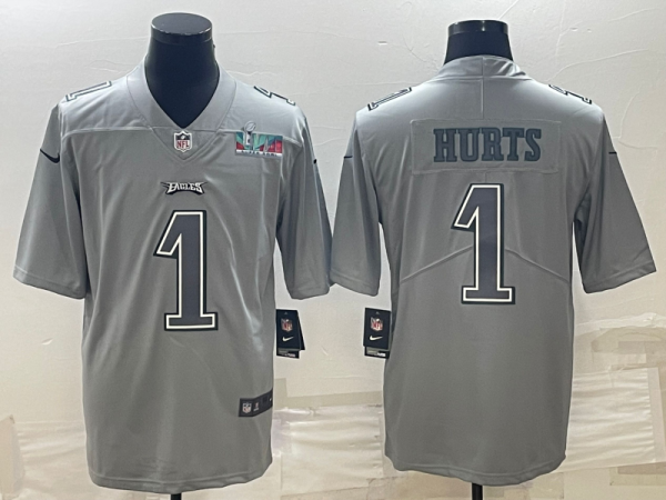 Men's Philadelphia Eagles #1 Jalen Hurts Gray Super Bowl LVII Patch Atmosphere Fashion Stitched Jersey - Custom Name