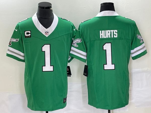Men's Philadelphia Eagles #1 Jalen Hurts Green 2023 F.U.S.E. Vapor Untouchable With C Patch Stitched Football Jersey - Custom Name