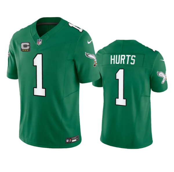 Men's Philadelphia Eagles #1 Jalen Hurts Green 2023 F.U.S.E. Vapor Untouchable With C Patch Stitched Football Jersey1 - Custom Name