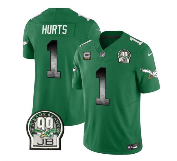 Men's Philadelphia Eagles #1 Jalen Hurts Green 2023 F.U.S.E. With 3-star C Patch Throwback Vapor Untouchable Limited Stitched Football Jersey - Custom Name