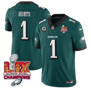 Men's Philadelphia Eagles #1 Jalen Hurts Green 2025 Eagles Logo Super Bowl LIX Patch With 4-Star C Patch New F.U.S.E. Vapor Untouchable Limited Stitched Football Jersey - Custom Name