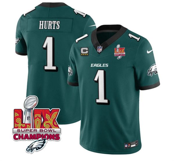 Men's Philadelphia Eagles #1 Jalen Hurts Green 2025 Eagles Logo Super Bowl LIX Patch With 4-Star C Patch New F.U.S.E. Vapor Untouchable Limited Stitched Football Jersey - Custom Name
