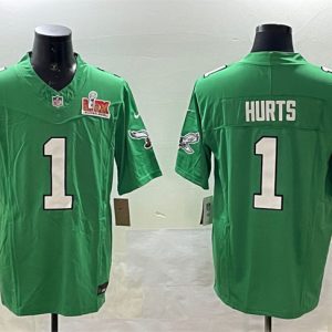 Men's Philadelphia Eagles #1 Jalen Hurts Green 2025 Super Bowl LIX Patch F.U.S.E. Throwback Vapor Untouchable Limited Stitched Football Jersey - Custom Name