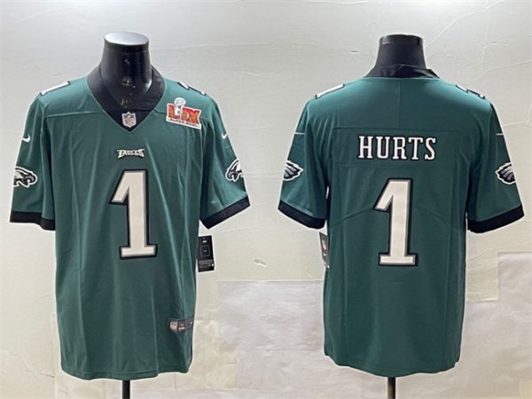 Men's Philadelphia Eagles #1 Jalen Hurts Green 2025 Super Bowl LIX Patch Vapor Untouchable Limited Stitched Football Jersey - Custom Name