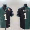 Men's Philadelphia Eagles #1 Jalen Hurts Green & Black Split 2025 Super Bowl LIX Patch Vapor Untouchable Limited Stitched Football Jersey - Custom Name
