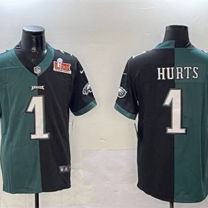 Men's Philadelphia Eagles #1 Jalen Hurts Green & Black Split 2025 Super Bowl LIX Patch Vapor Untouchable Limited Stitched Football Jersey - Custom Name