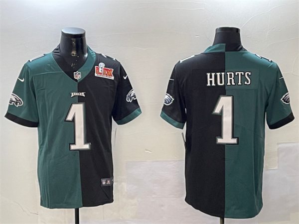 Men's Philadelphia Eagles #1 Jalen Hurts Green & Black Split 2025 Super Bowl LIX Patch Vapor Untouchable Limited Stitched Football Jersey - Custom Name