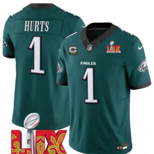 Men's Philadelphia Eagles #1 Jalen Hurts Green F.U.S.E. 24 25 Super Bowl LIX With 3-Star C Patch Vapor Untouchable Limited Stitched Football Jersey - Custom Name