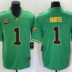 Men's Philadelphia Eagles #1 Jalen Hurts Green Gold Vapor Limited With C Patch Stitched Football Jersey - Custom Name