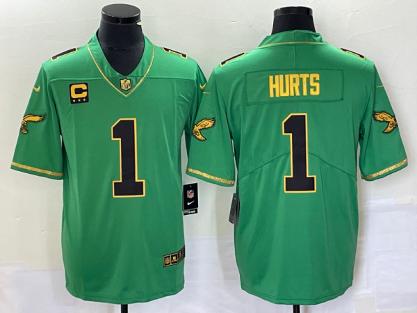 Men's Philadelphia Eagles #1 Jalen Hurts Green Gold Vapor Limited With C Patch Stitched Football Jersey - Custom Name
