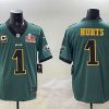 Men's Philadelphia Eagles #1 Jalen Hurts Green Golden 2025 Super Bowl LIX Patch And 2-star C Patch Vapor Untouchable Limited Stitched Football Jersey - Custom Name