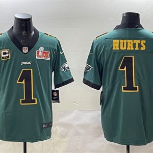 Men's Philadelphia Eagles #1 Jalen Hurts Green Golden 2025 Super Bowl LIX Patch And 2-star C Patch Vapor Untouchable Limited Stitched Football Jersey - Custom Name