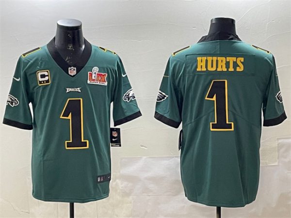 Men's Philadelphia Eagles #1 Jalen Hurts Green Golden 2025 Super Bowl LIX Patch And 2-star C Patch Vapor Untouchable Limited Stitched Football Jersey - Custom Name