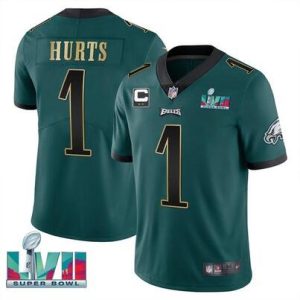 Men's Philadelphia Eagles #1 Jalen Hurts Green Golden Super Bowl LVII Patch And 2-Star C Patch Vapor Untouchable Limited Stitched Jersey - Custom Name
