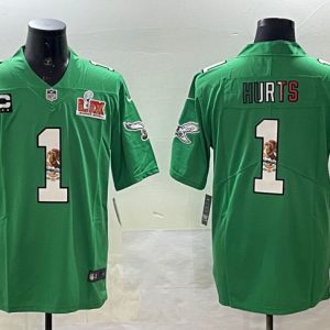 Men's Philadelphia Eagles #1 Jalen Hurts Green Mexico 2025 Super Bowl LIX Patch And 3-star C Patch Vapor Untouchable Limited Stitched Football Jersey - Custom Name