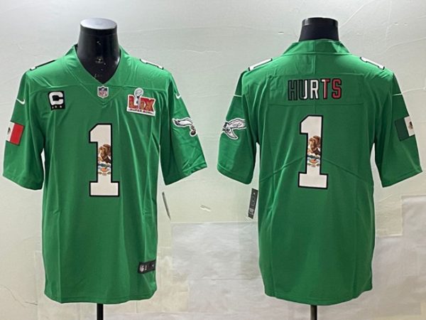 Men's Philadelphia Eagles #1 Jalen Hurts Green Mexico 2025 Super Bowl LIX Patch And 3-star C Patch Vapor Untouchable Limited Stitched Football Jersey - Custom Name