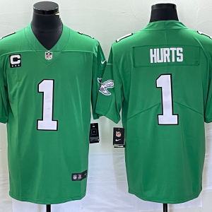 Men's Philadelphia Eagles #1 Jalen Hurts Green Vapor Limited With C Patch Stitched Football Jersey - Custom Name