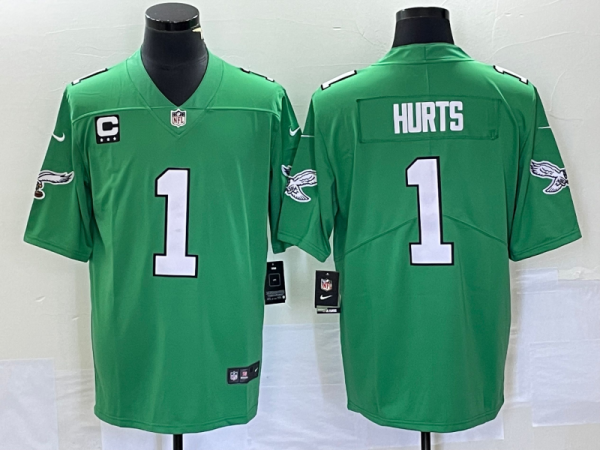 Men's Philadelphia Eagles #1 Jalen Hurts Green Vapor Limited With C Patch Stitched Football Jersey - Custom Name