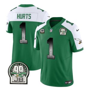 Men's Philadelphia Eagles #1 Jalen Hurts Green White 2023 F.U.S.E. With 3-star C Patch Throwback Vapor Untouchable Limited Stitched Football Jersey - Custom Name