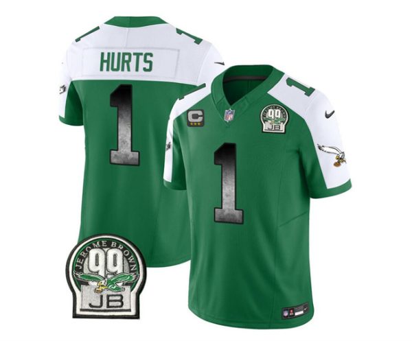 Men's Philadelphia Eagles #1 Jalen Hurts Green White 2023 F.U.S.E. With 3-star C Patch Throwback Vapor Untouchable Limited Stitched Football Jersey - Custom Name