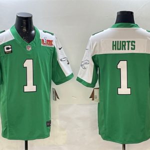 Men's Philadelphia Eagles #1 Jalen Hurts Green White 2025 Super Bowl LIX Patch And 4-Star C Patch F.U.S.E. Vapor Untouchable Limited Stitched Football Jersey - Custom Name